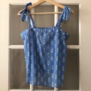 Blue and green ikat top with shoulder ties